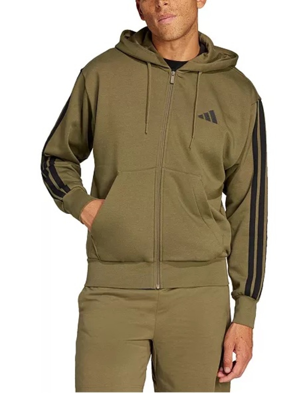 Adidas Men's Regular Fit 3 Stripes Full-Zip Hoodie Olive Strata - Medium